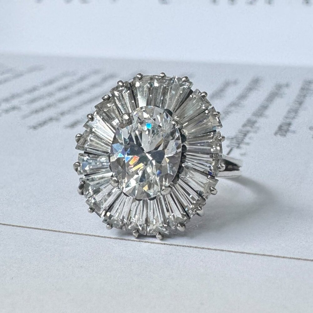 Vintage Mid-Century Sterling Silver Oval Halo Cocktail Ring Size 5